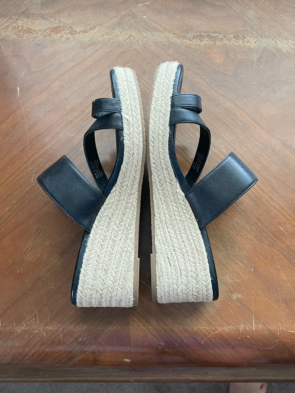 Michael Kors Black Leather Espadrille Wedge Sandals with Gold MK Accent